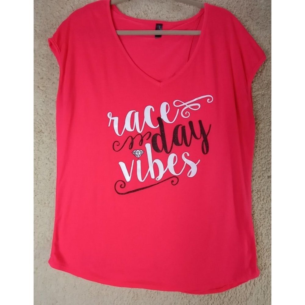 District Made Women's Sz L Neon Orange Race Day Vibes Sleeveless V-Neck Top